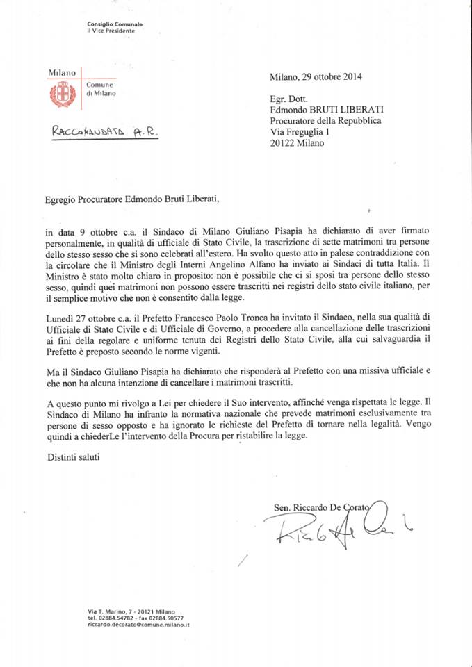 Lettera di de Corato alla procura